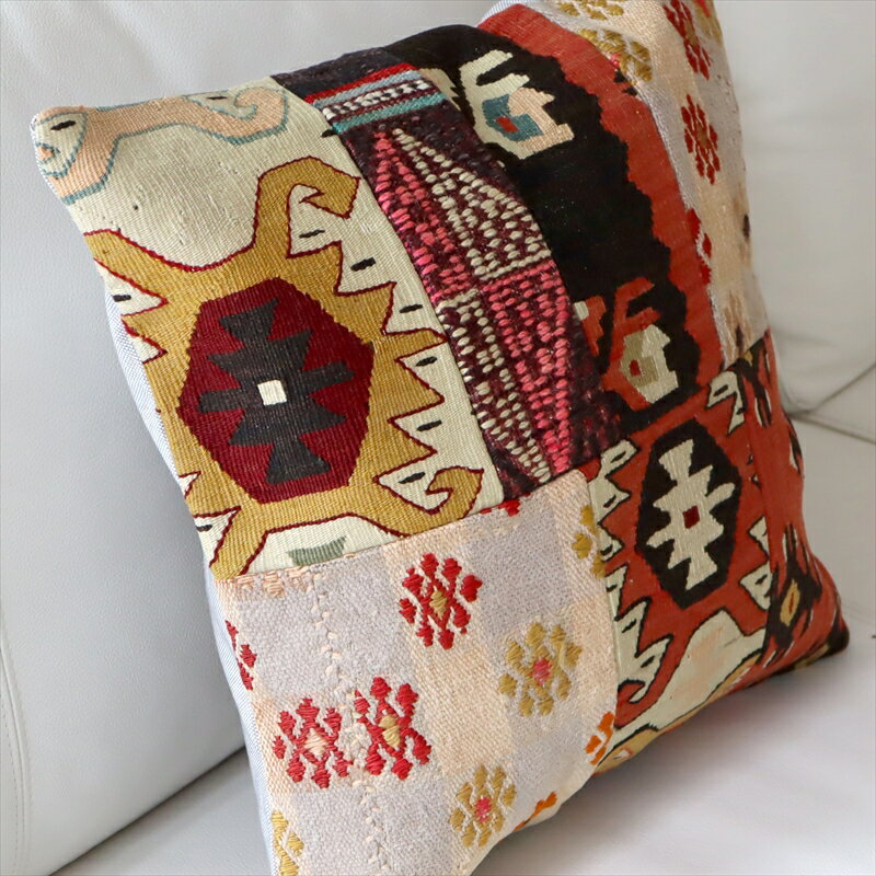 オールドキリムクッションカバー45cm・Turkish Kilim Cushion・トルコのウール手織りkilim パッチワーク [2]