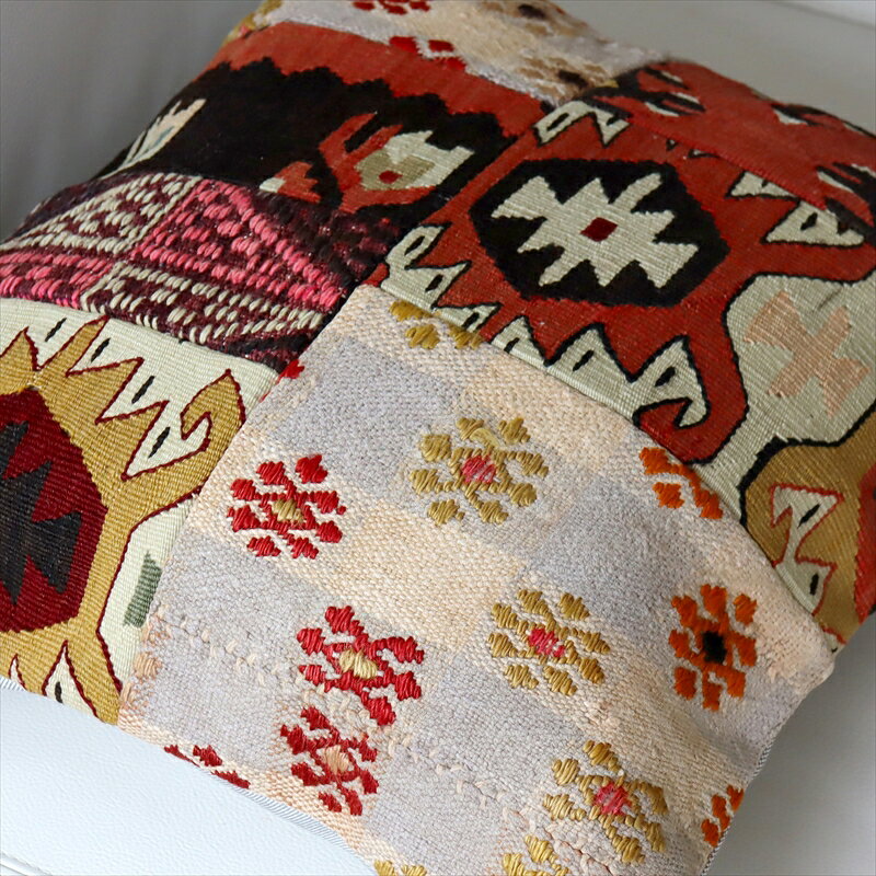 オールドキリムクッションカバー45cm・Turkish Kilim Cushion・トルコのウール手織りkilim パッチワーク [3]