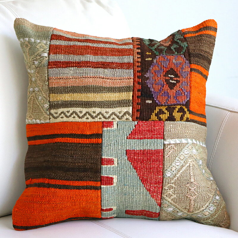 【15%OFFクーポン対象品】オールドキリムクッションカバー 40cm /Old Kilim Cushion パッチワーク トルコのウール手織りキリム