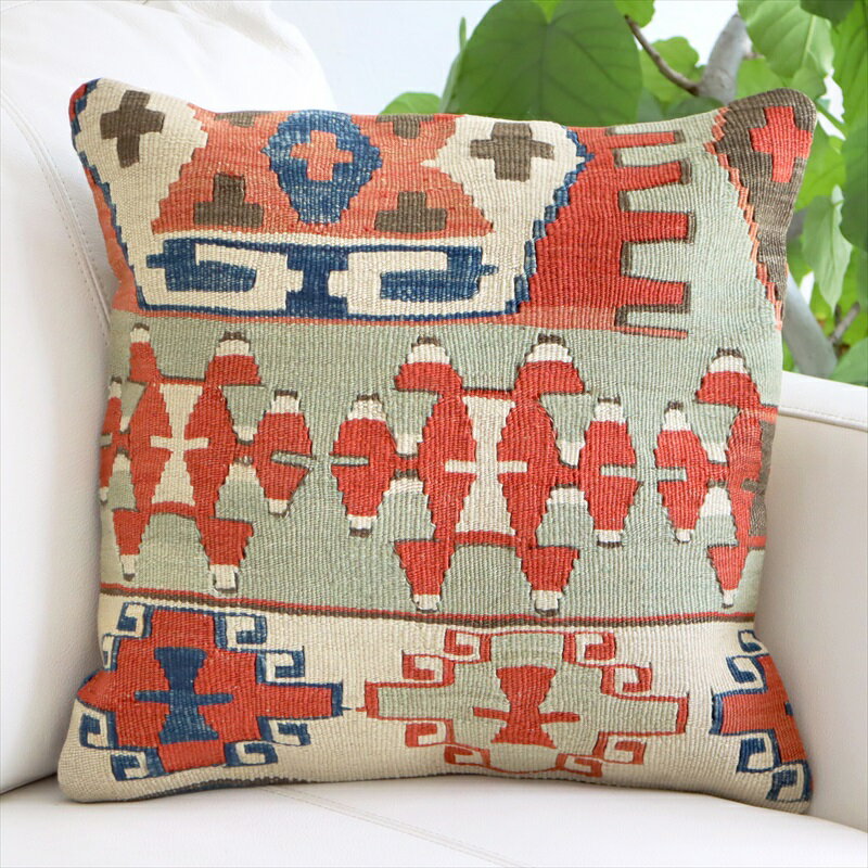 【15%OFFクーポン対象品】アンティーク キリムクッションカバー 40cm Old Turkish Kilim Cushion アイドゥン 赤と青とライトグリーン