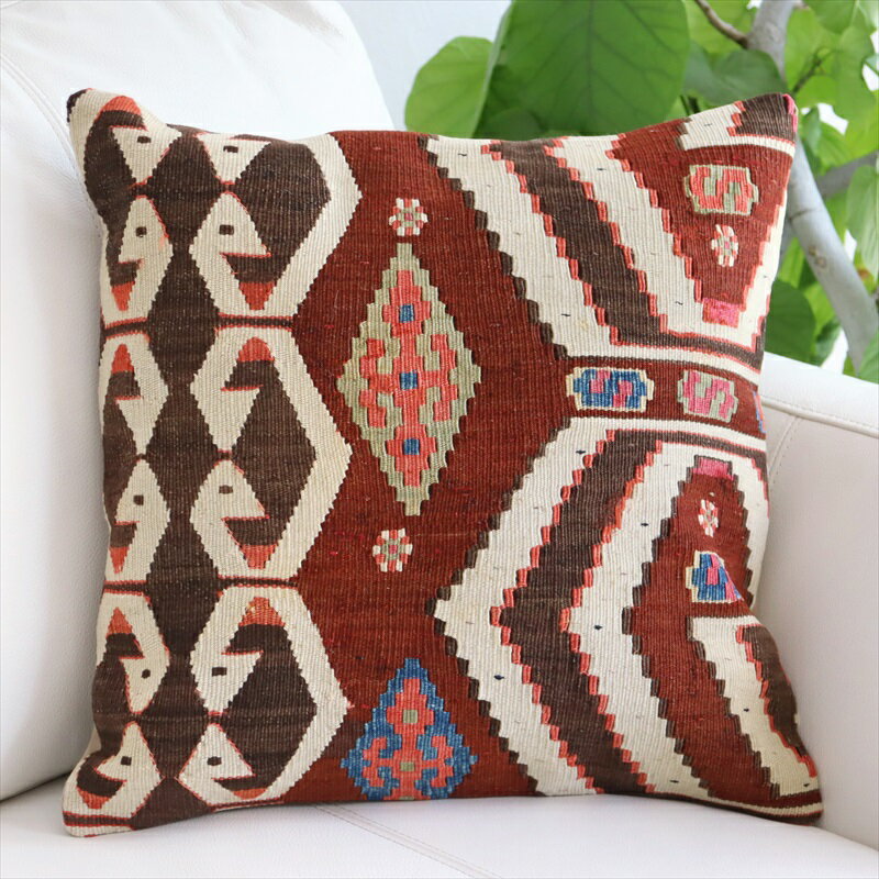 アンティーク キリムクッションカバー 40cm Old Turkish Kilim Cushion アイドゥン チネ ローズピンク＆ブルー