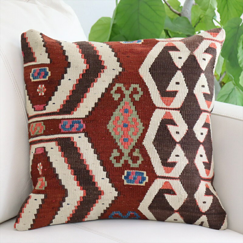 アンティーク キリムクッションカバー 40cm Old Turkish Kilim Cushion アイドゥン チネ ローズピンク＆ブルー