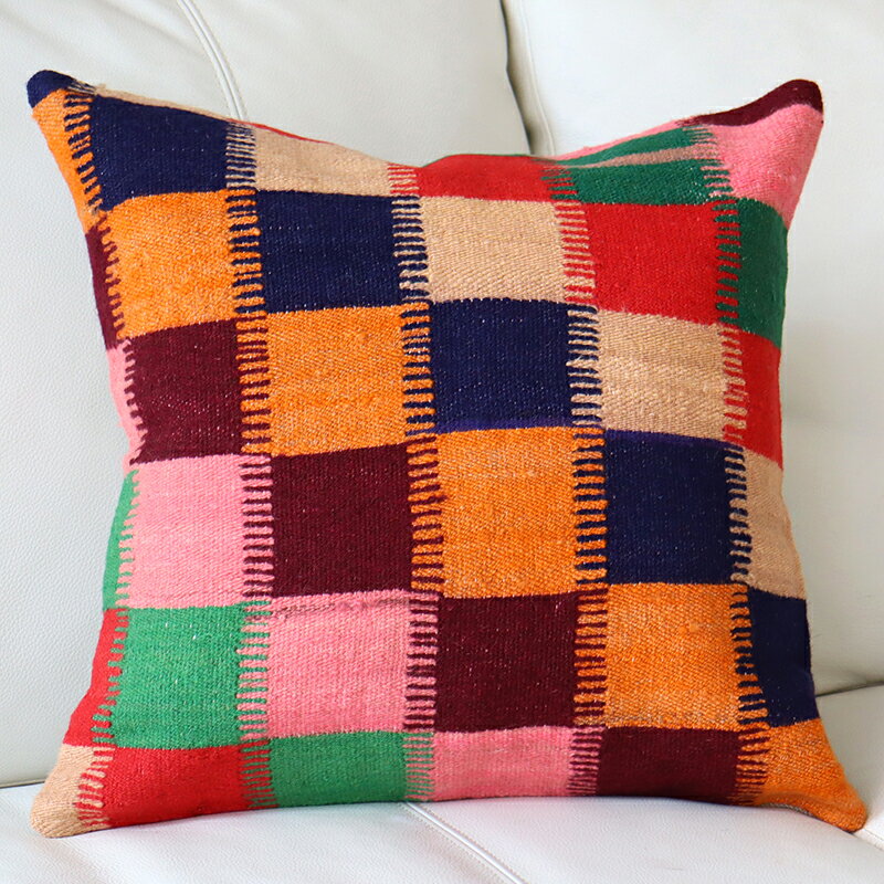 オールドキリム クッションカバー 40cm Old Kilim Cushion カラフルなグリッド OUTLET・サービス品