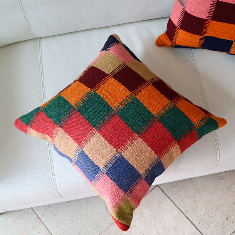 オールドキリム クッションカバー 40cm Old Kilim Cushion カラフルなグリッド OUTLET・サービス品 [3]