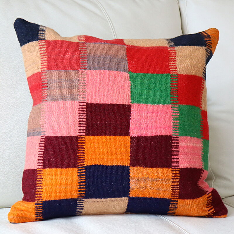 オールドキリム クッションカバー 40cm Old Kilim Cushion カラフルなグリッド OUTLET・サービス品