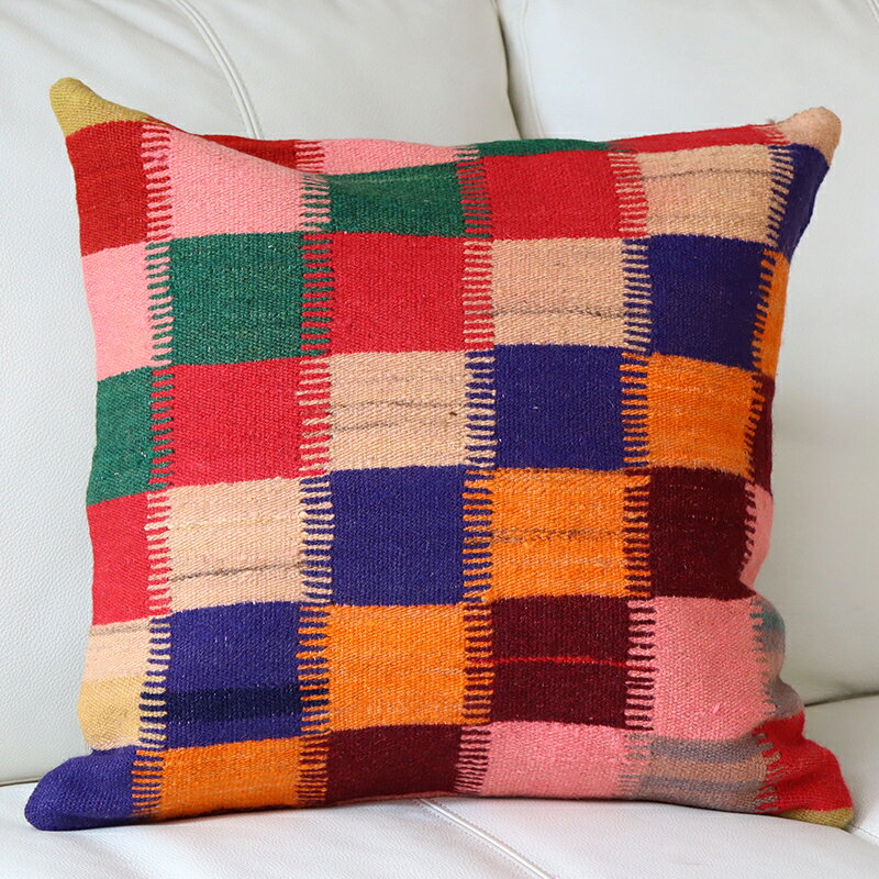 オールドキリム クッションカバー 40cm Old Kilim Cushion カラフルなグリッド OUTLET・サービス品