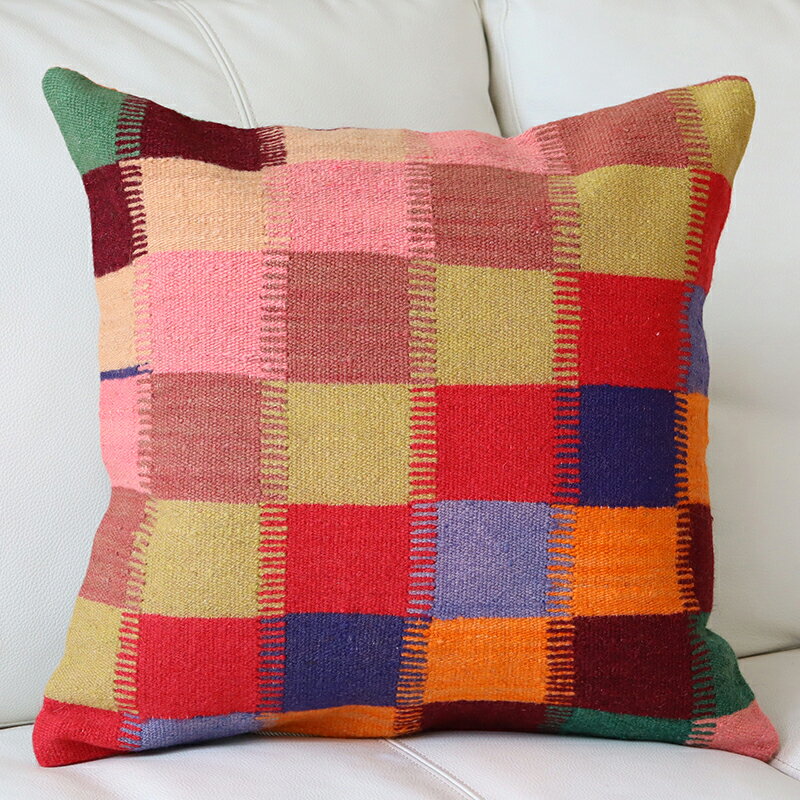 オールドキリム　クッションカバー 40cm Old Kilim Cushion カラフルなグリッド OUTLET・サービス品