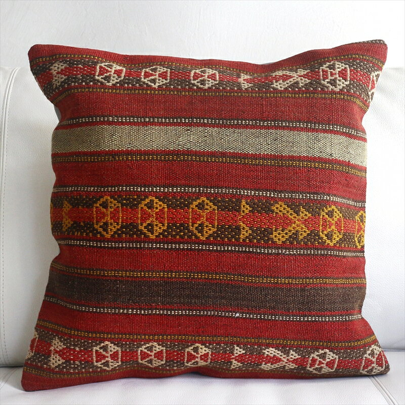 オールドキリムクッションカバー 45cm Old Kilim Cushion レッド＆ブラウン　ボーダー