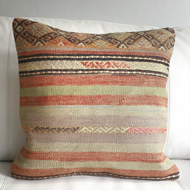 オールドキリムクッションカバー 45cm Old Kilim Cushion レッド&グリーン ボーダー