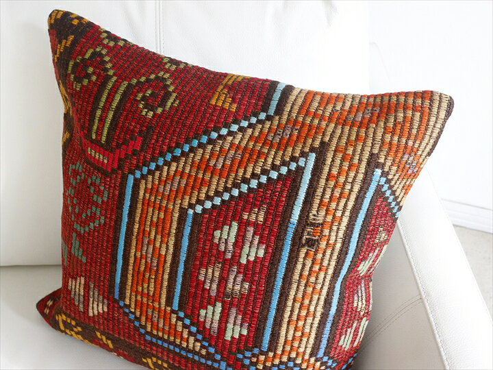 オールドキリムクッションカバー 45cm Old Kilim Cushion レッド&ブラウン 花モチーフ [2]