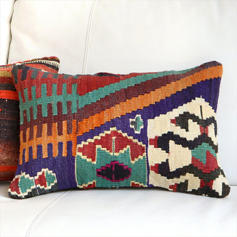 【15%OFFクーポン対象品】横長クッションカバー オールドキリム ヴィンテージ 長方形 44×30cmエシュメ ブルーパープル