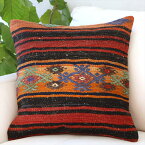 クッションカバー 45×45cm キリム ウール Turkish Kilim Cushion バルケスィル レッドとブラックのボーダー