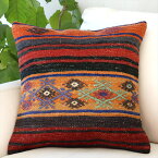 クッションカバー 45×45cm キリム ウール Turkish Kilim Cushion バルケスィル レッドとブラックのボーダー