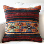 クッションカバー 45×45cm キリム ウール Turkish Kilim Cushion バルケスィル レッドとブラックのボーダー