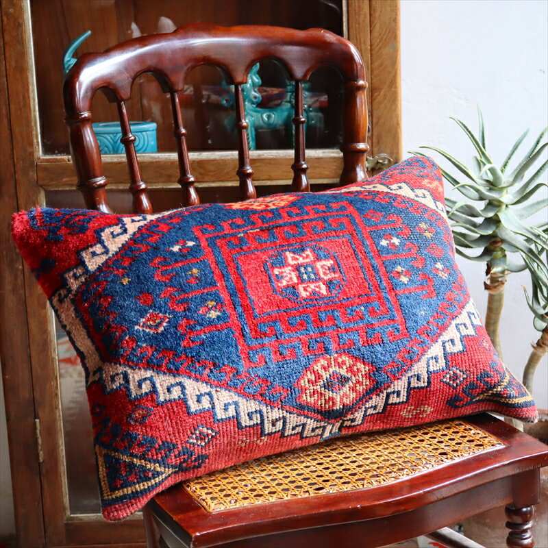 クッションカバー ヴィンテージ パイル織り 絨毯 ビッグピロー 横長 長方形 58×40cmマラテヤ レッド ブルー