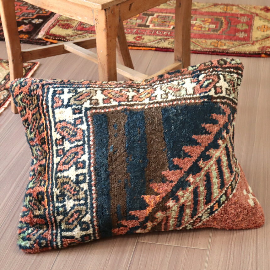 クッションカバー ヴィンテージラグクッション54×40cm濃紺とこげ茶 トルコ絨毯
