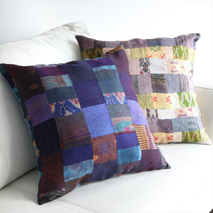 カンタ刺繍 シルク クッションカバー51×50cmモザイクパッチワーク パープルモザイク