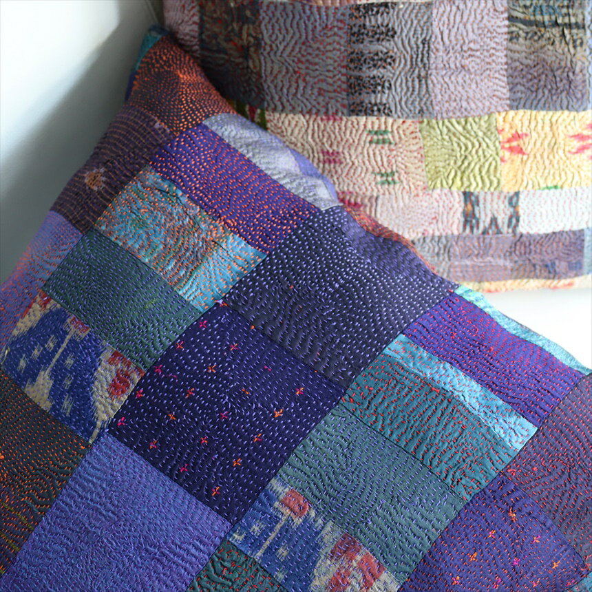 カンタ刺繍 シルク クッションカバー51×50cmモザイクパッチワーク パープルモザイク [2]
