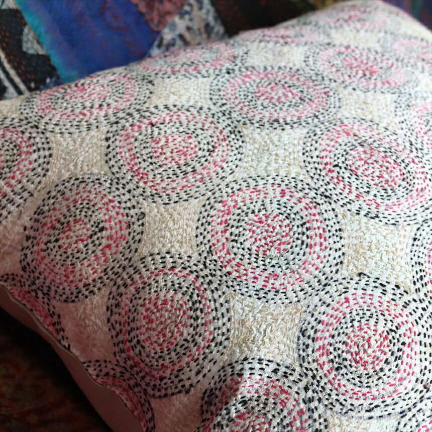 カンタ刺繍 シルク クッションカバー39×39cmベージュ サークルパターン [2]