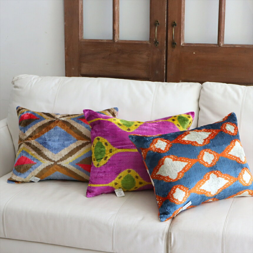 アトラス ベルベットイカットクッションカバー 両面シルク50×38cm幾何学柄 ブラウンxサックスブルー Silk Velvet Cushion - Double-Sided Design [2]