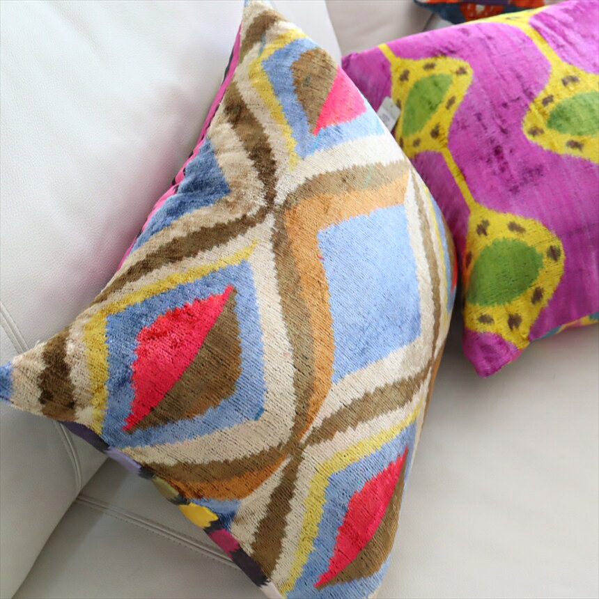 アトラス ベルベットイカットクッションカバー 両面シルク50×38cm幾何学柄 ブラウンxサックスブルー Silk Velvet Cushion - Double-Sided Design [3]