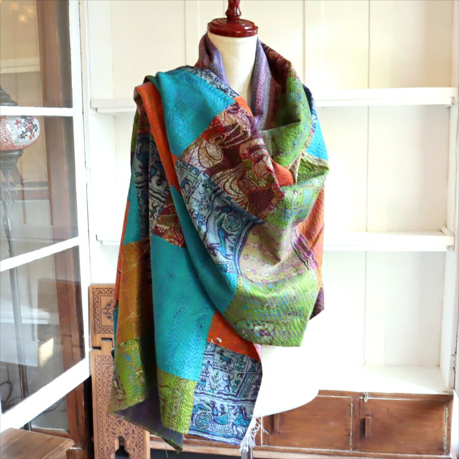 カンタ刺繍　シルクストール 大判224×89cmモザイク パッチワーク 【一点もの　現品】 Kantha embroidery, India