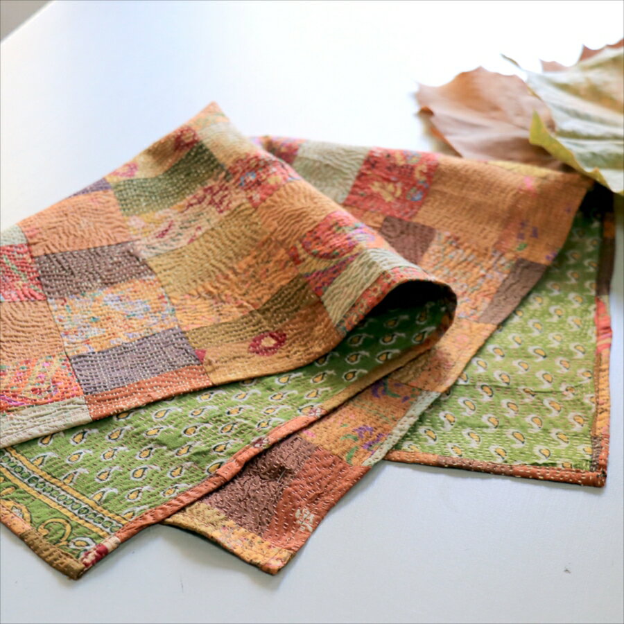 Rakuten - 【10%OFFクーポン対象】カンタ刺繍 シルク ミニクロス65×57cmパッチワーク ブラウングラデーション　両面リバーシブル