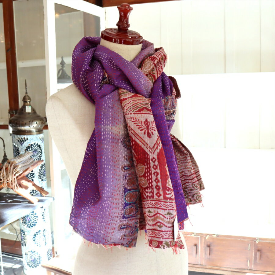 【10%OFFクーポン対象】カンタ刺繍 シルクストール インド リサイクルサリー 202×85cm 【一点もの 現品】 大判ストール