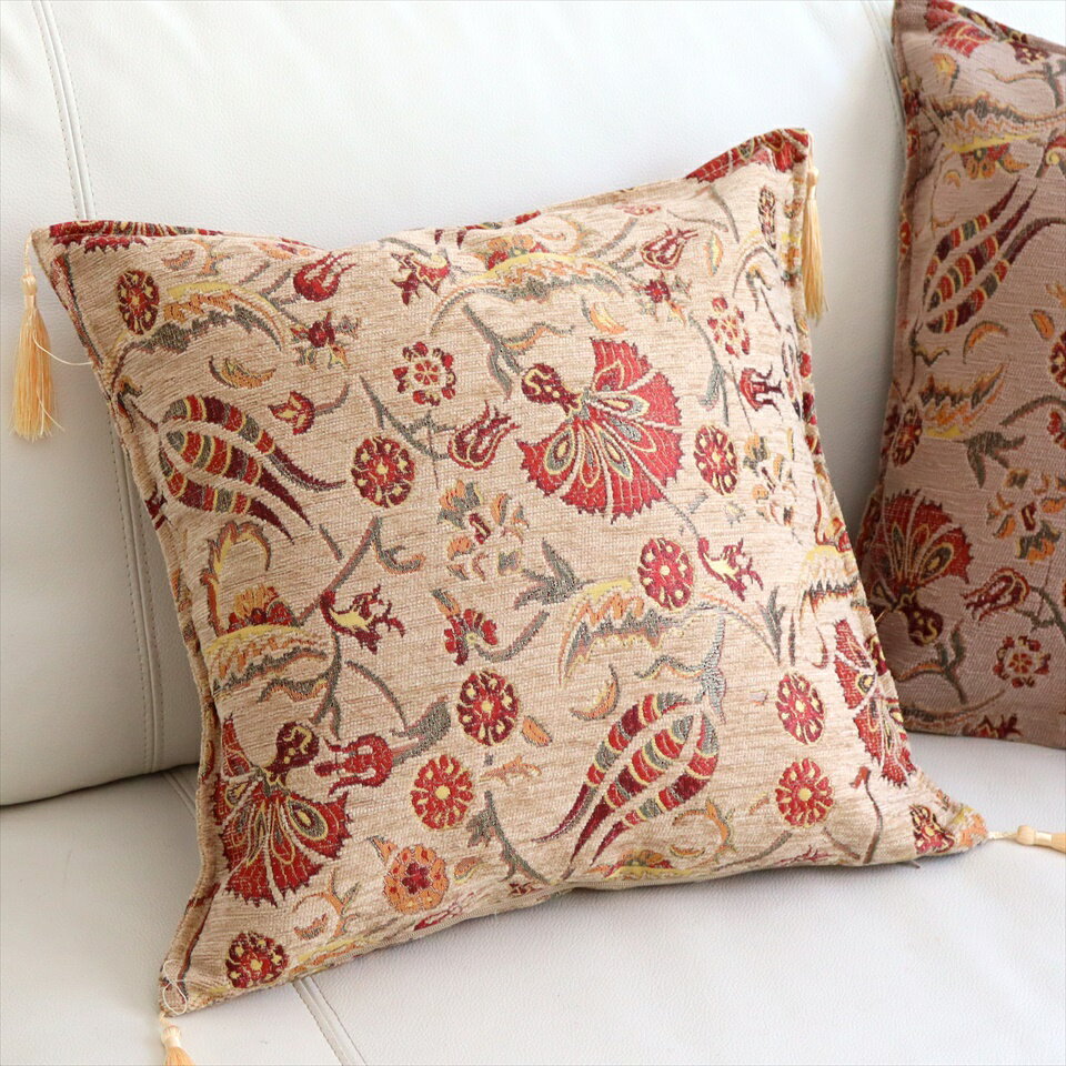 クッションカバー 45x45cm トルコデザイン シュニール素材のクッションカバー オットマンフラワー ベージュ