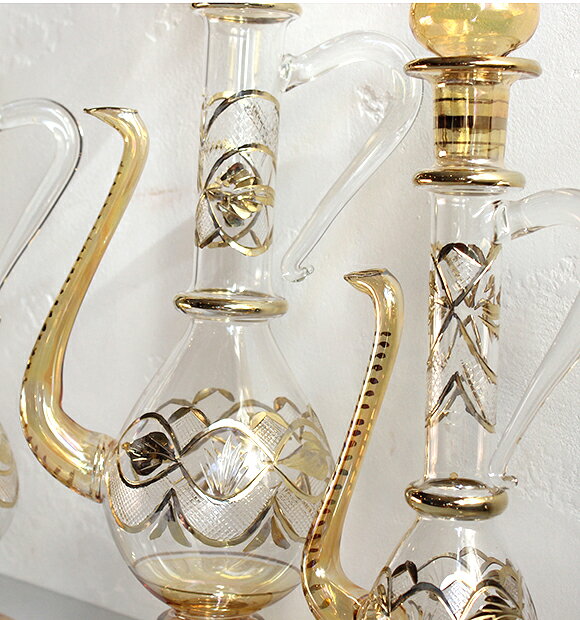 エジプト手吹きガラス・デカンタ・水差し(装飾用・置物・化粧箱付)・3本セット イエロー