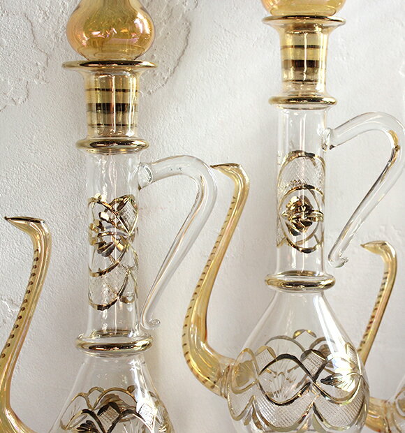 エジプト手吹きガラス・デカンタ・水差し(装飾用・置物・化粧箱付)・3本セット イエロー [2]