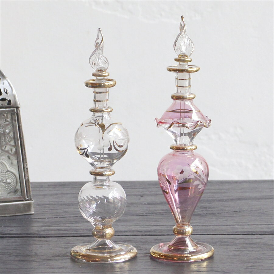 エジプトガラス香水瓶　Egyptian Perfume Bottle　2本セット　クレオパトラ　クリア、ピンク