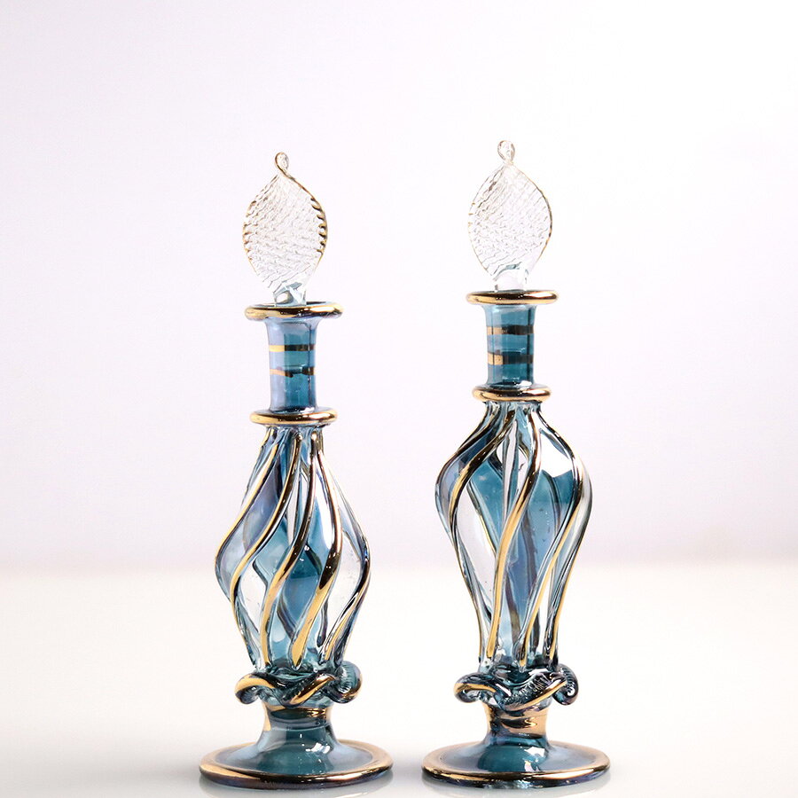エジプト ガラス香水瓶　11cm 2本セット　ゴールドライン ファラオ Egyptian Glass Bottle