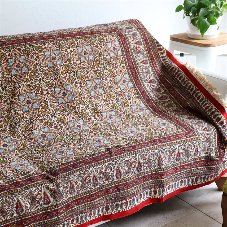 【15%OFFクーポン対象】ペルシャ更紗 イラン手染め布 196x132cm アンティークデザイン テーブルクロス ソファカバー