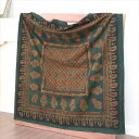 【15%OFFクーポン対象品】アジュラク染 グリーン 110×110cm インド更紗, ブロックプリント, ベッドカバー, ソファカバー