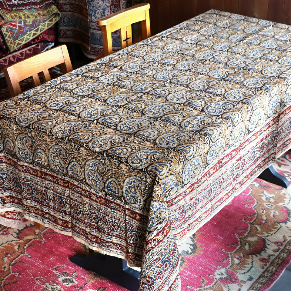 棉 - 【15%OFFクーポン対象】ブロックプリント　インド更紗・カラムカーリ　241x144cm 　木版手染め ブルー＆オリーブ＆レッド/ペイズリー柄