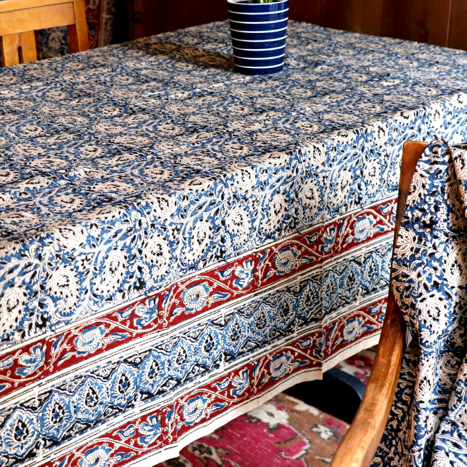 【15%OFFクーポン対象】インド更紗・カラムカーリ　木版ブロックプリント241×144cm ブルー/フラワー柄