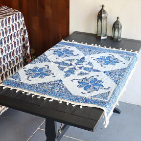 ペルシャ更紗 ガラムカール 100cm正方形 ブルー系ペイズリー柄 テーブルクロス