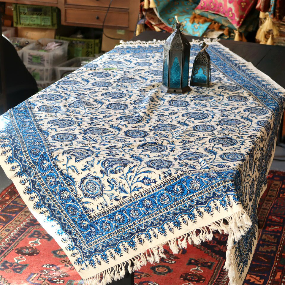 Rakuten - ペルシャ更紗 イラン手染め布/150x100cmサイズ ソファカバー タペストリー ブルー系フラワー柄