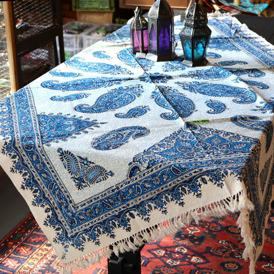 ペルシャ更紗 イラン手染め布 150x100cmサイズ ソファカバー タペストリー ブルー系 ペイズリー柄
