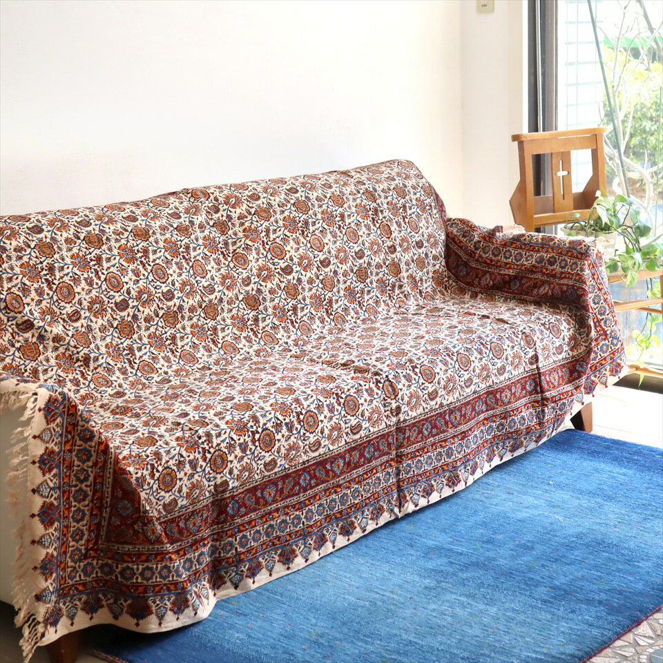 ペルシャ更紗 イラン手染め布/240x160cmサイズ ソファーカバー テーブルクロス　アンバー系フラワー柄のサムネイル