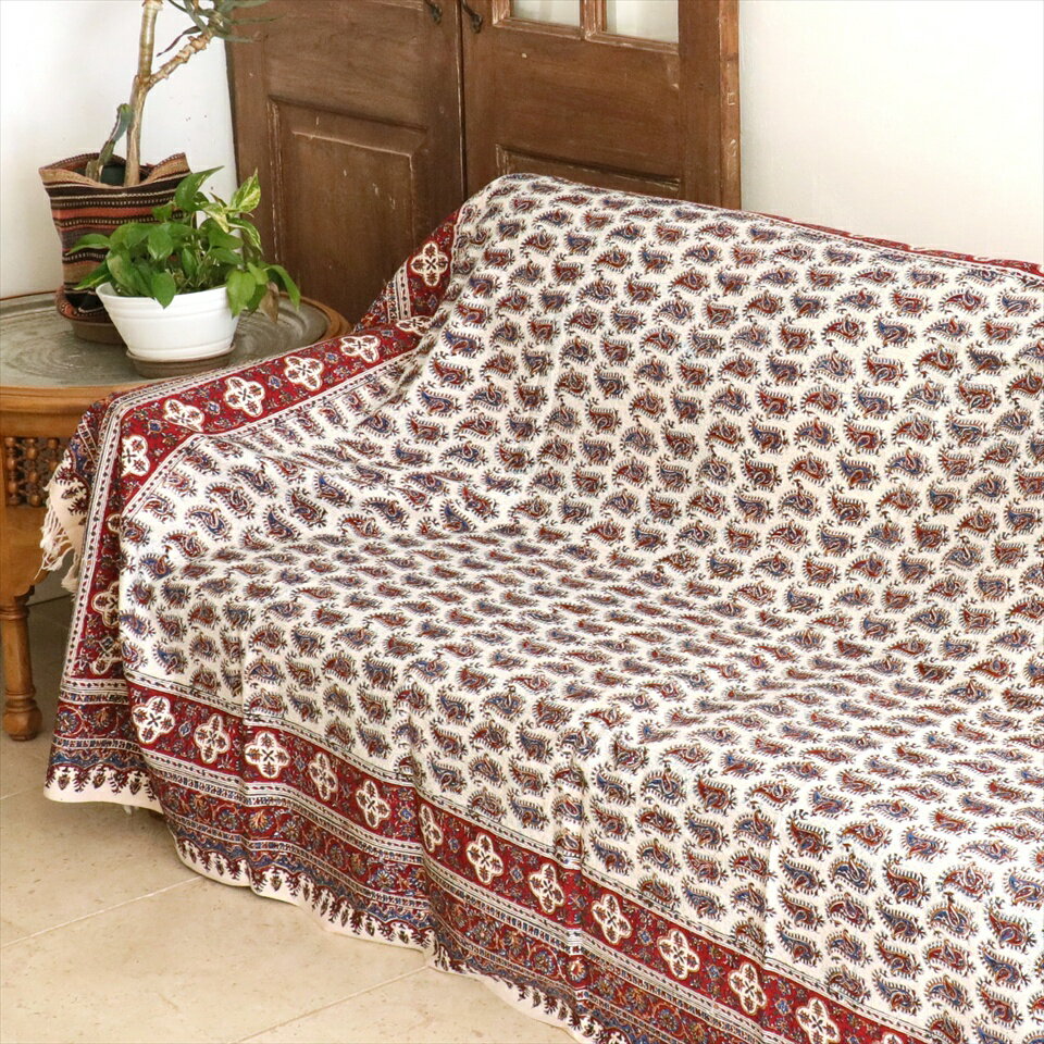 Rakuten - ペルシャ更紗 イラン手染め布 230×150cm アンバー系 ペイズリー柄 テーブルクロス ソファカバー