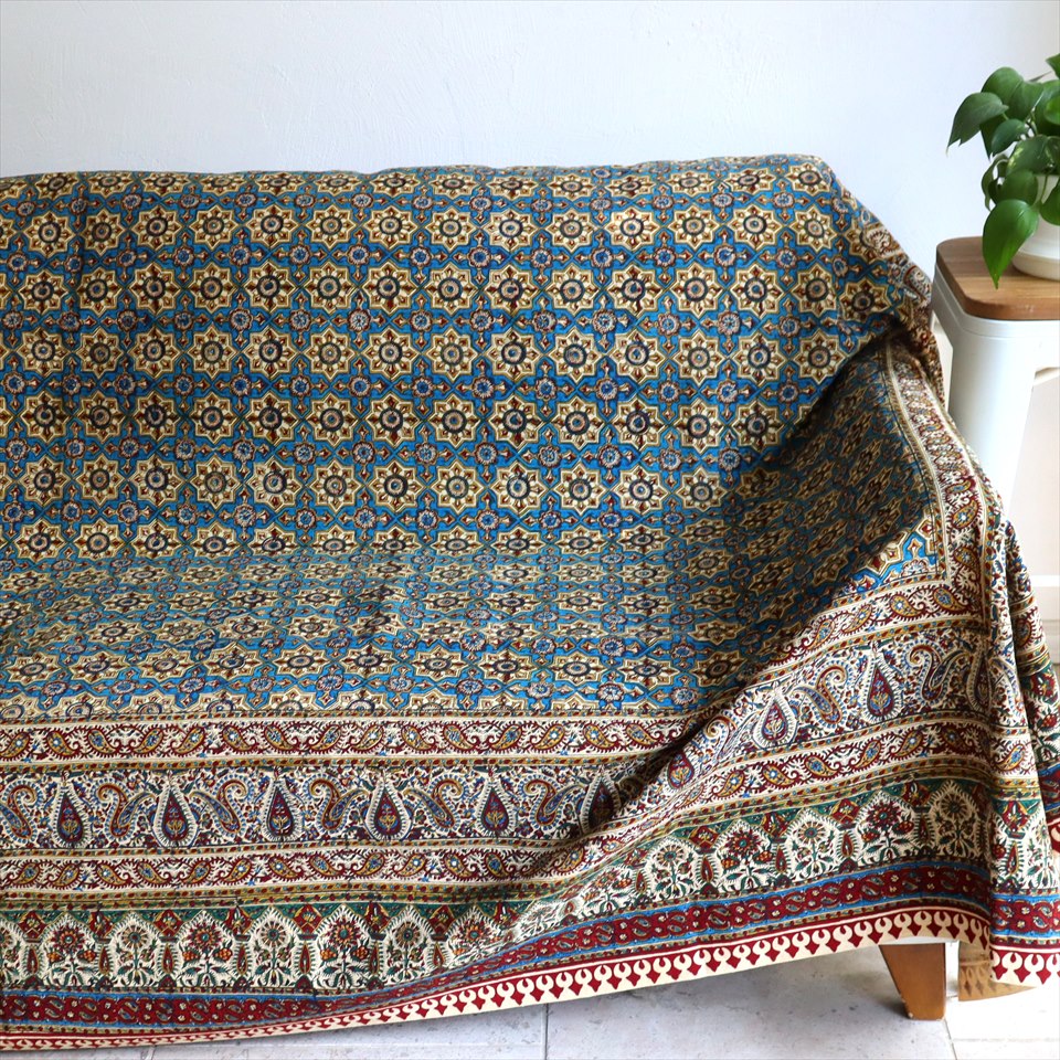 【15%OFFクーポン対象】ペルシャ更紗 イラン手染め布 274x204cm アンティークデザイン ソファーカバー ベッドカバー