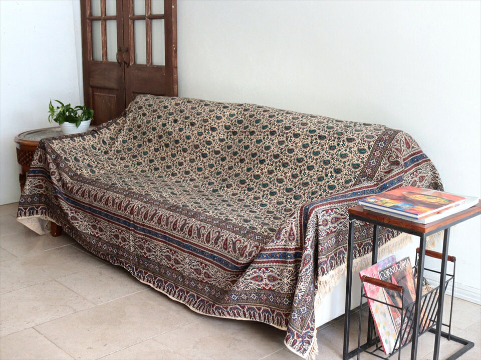 ペルシャ更紗 イラン手染め布 270×205cm アンティークデザイン ソファーカバー ベ...