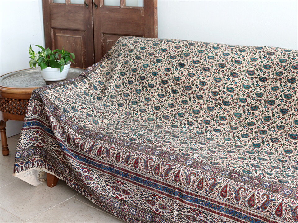 ペルシャ更紗 イラン手染め布 270×205cm アンティークデザイン ソファーカバー ベ...