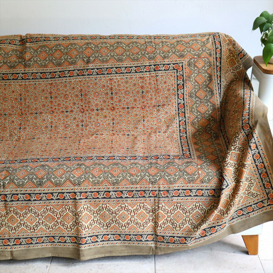Rakuten - 【15%OFFクーポン対象】アジュラク染 カーキ インド更紗 222x140cm ブロックプリント ベッドカバー ソファカバー