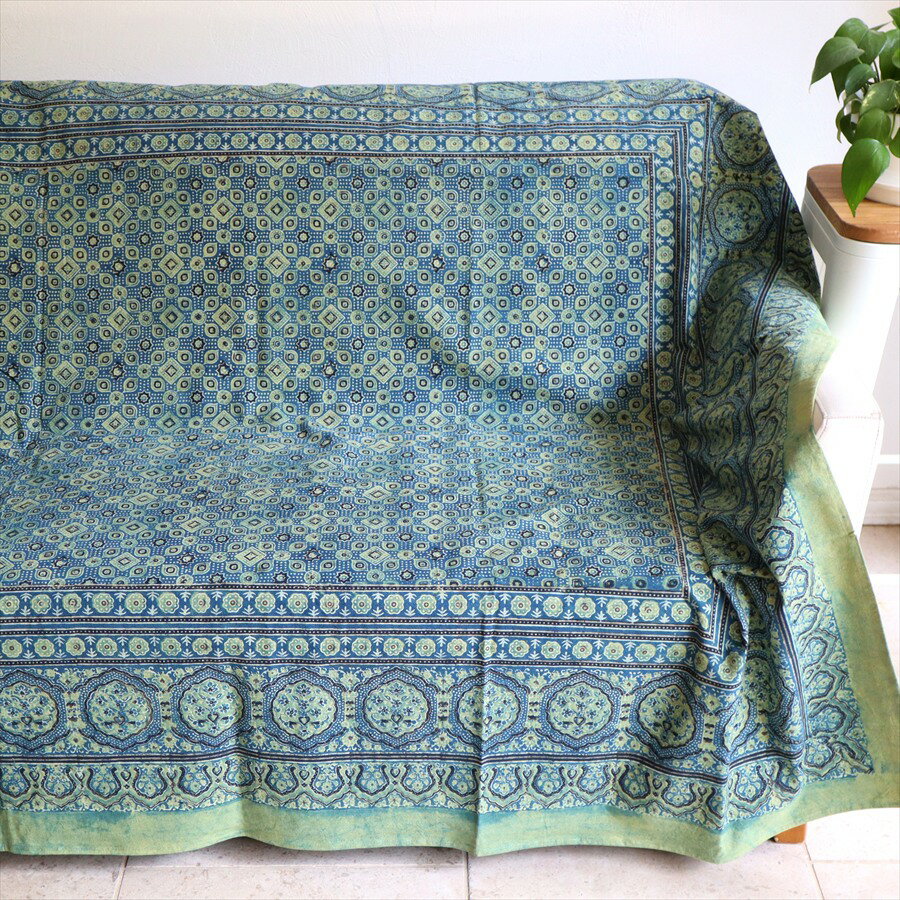 Rakuten - 【15%OFFクーポン対象】アジュラク染 ブルー インド更紗 226x140cm ブロックプリント ベッドカバー ソファカバー