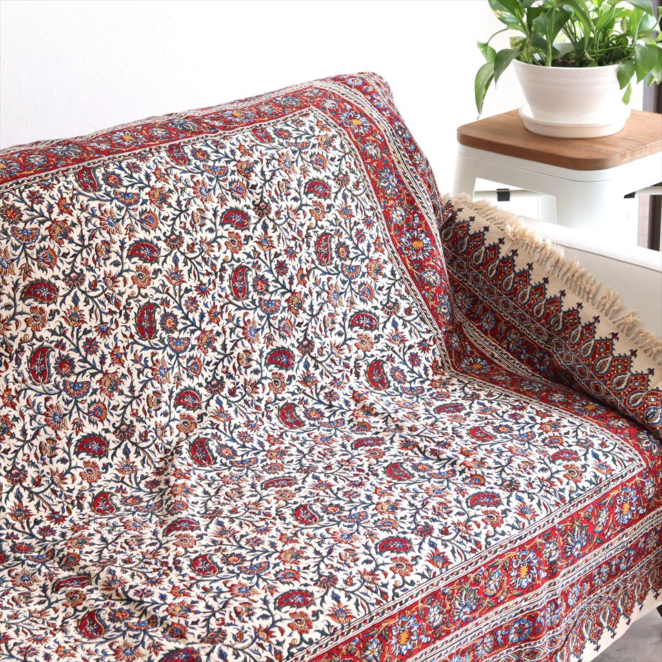ペルシャ更紗 イラン手染め布 191×133cm ガラムカール アンバー系 フラワー柄 テーブルクロス ソファカ..