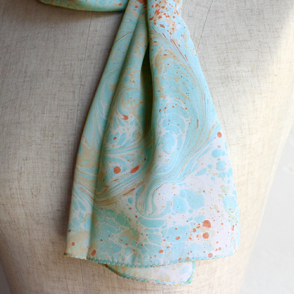 【10%OFFクーポン対象品】トルコ製ショートスカーフ/長方形83×27cmエブル Ebru マーブル模様・水色・ホワイト・レッド