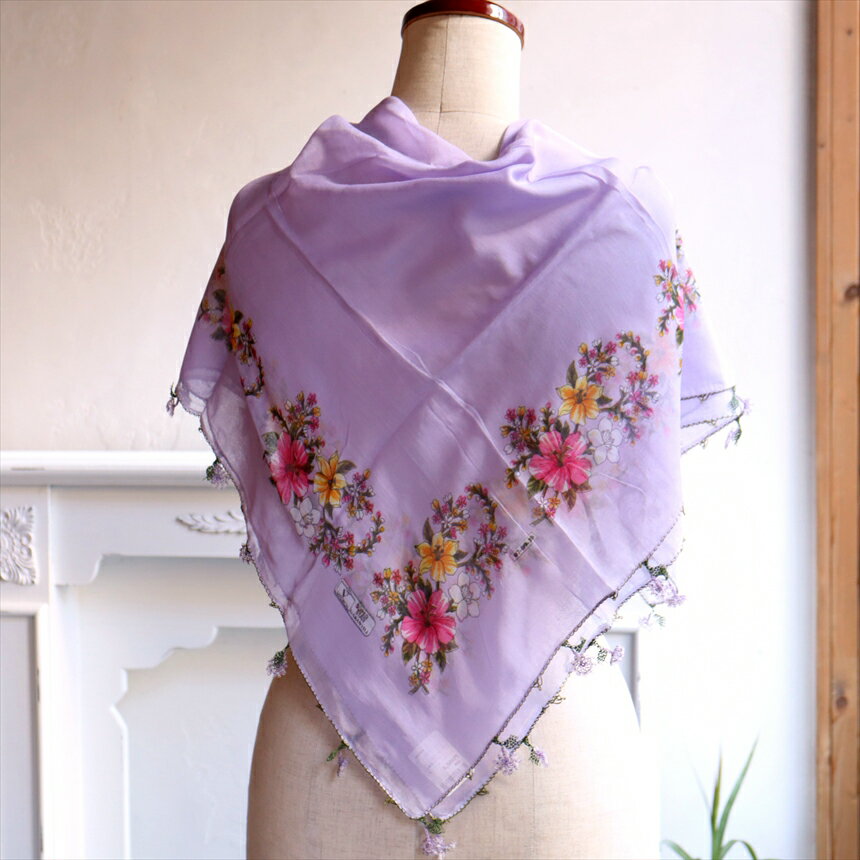 イーネオヤ コットンスカーフ レース編みの小花ジンジメの花・ライラック（パープル）